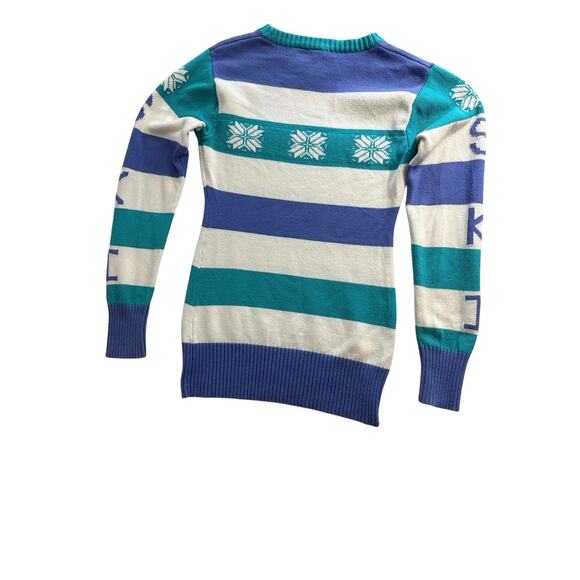 Obermeyer apres ski winter snow crew neck sweater blue teal white stripes - Picture 5 of 6